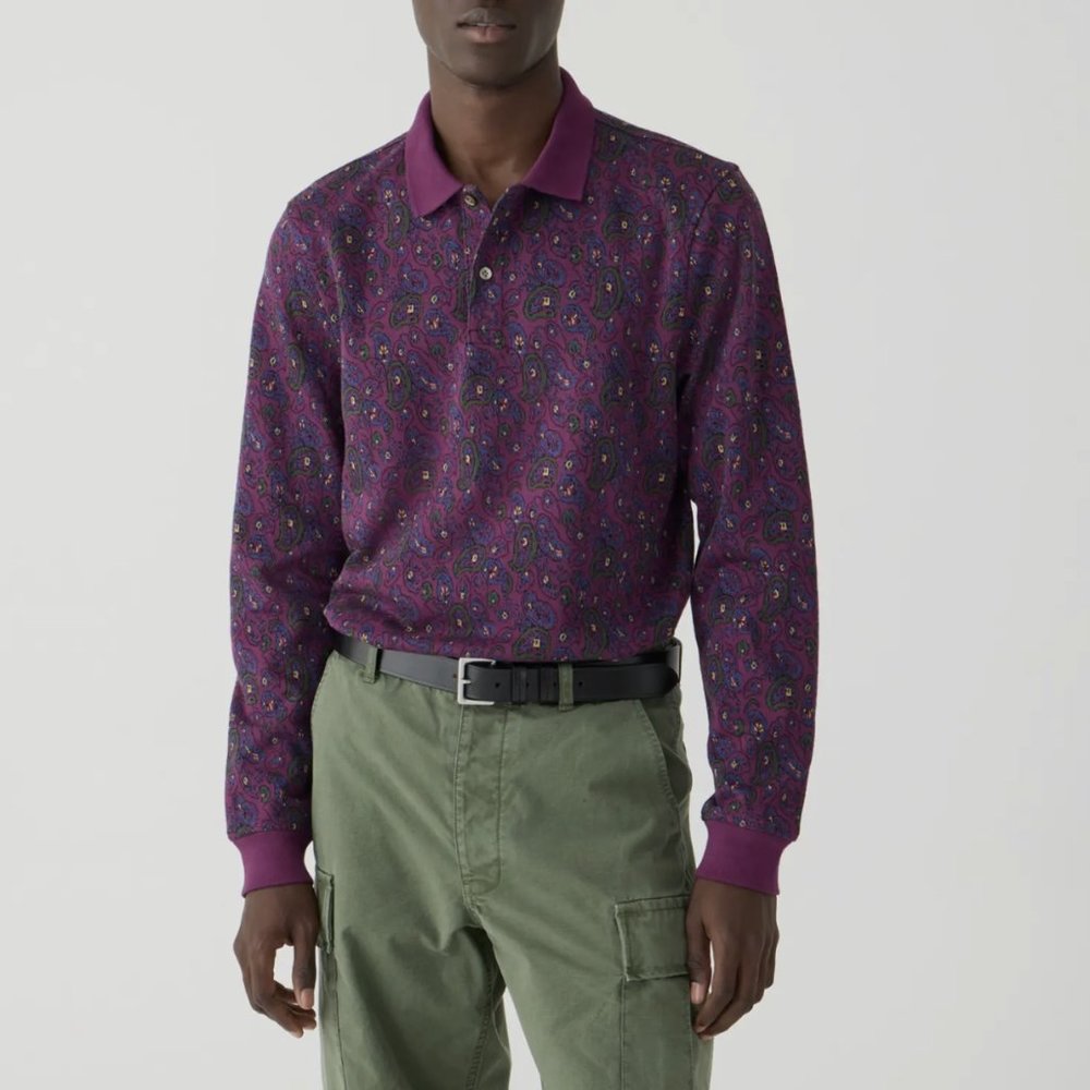 J.CREW DOLCE PAISLEY BURGUNDY LONG SLEEVE DOUBLE-KNIT JACQUARD POLO SHIRT